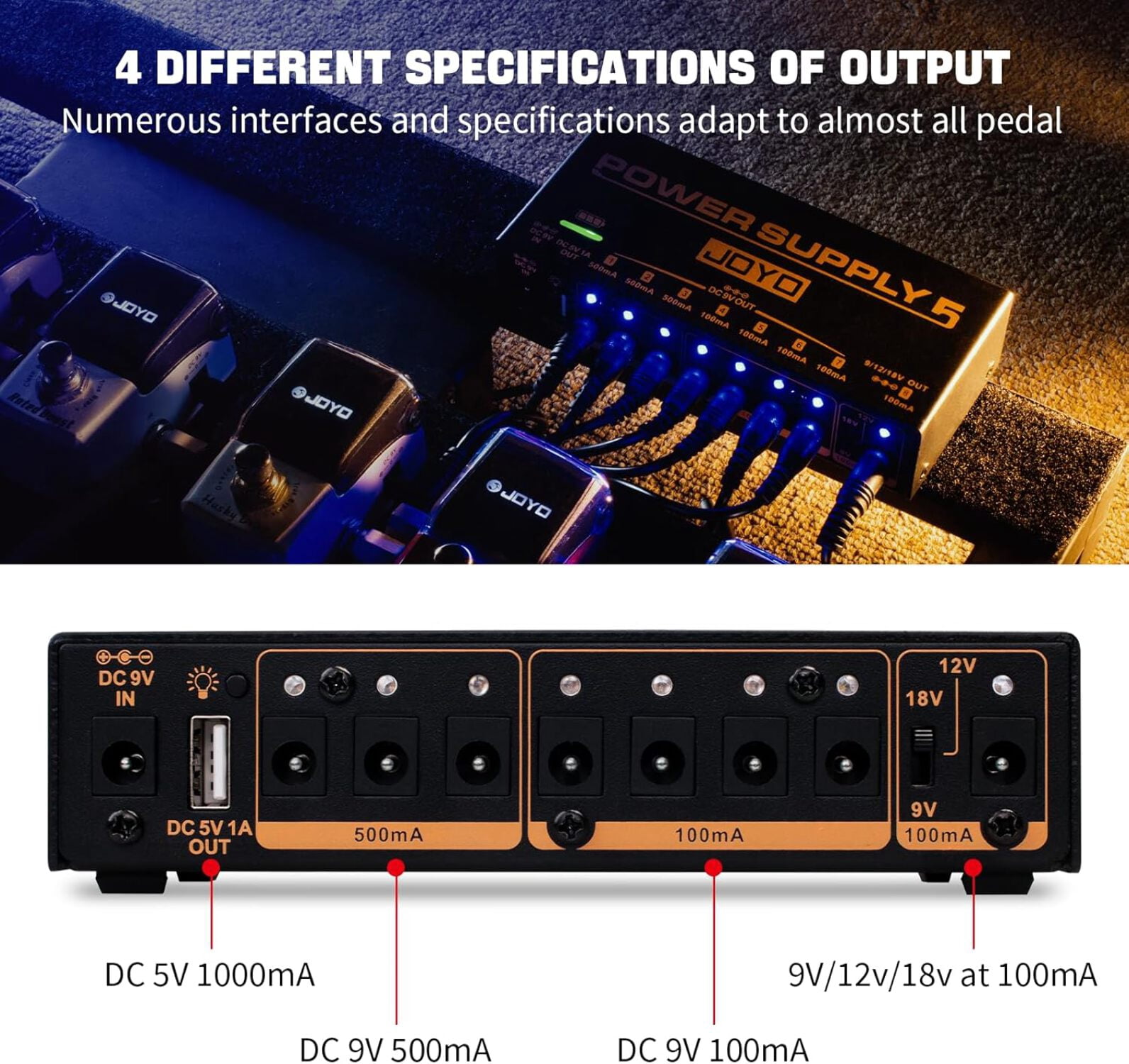 JOYO Pedal Power Supply 9V 12V 18V Built-in 4400mAh Rechargeable Battery with 8 DC Output