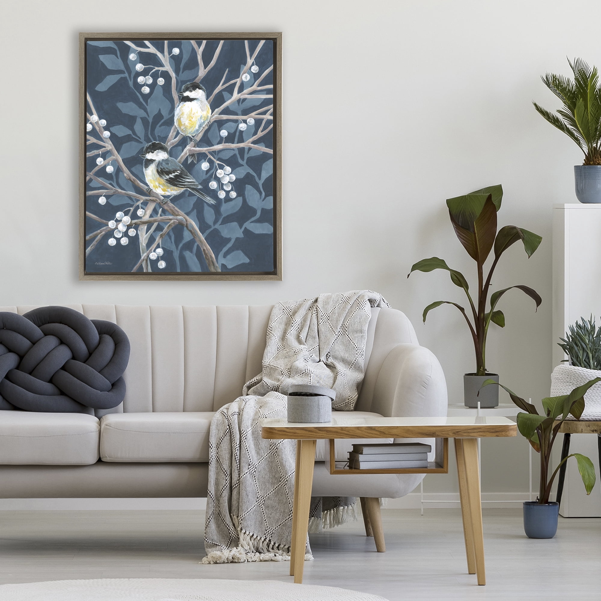 Stupell Industries Chickadees on Winter Berries Brown Framed Floater Canvas Wall Art, design by Diane Kater