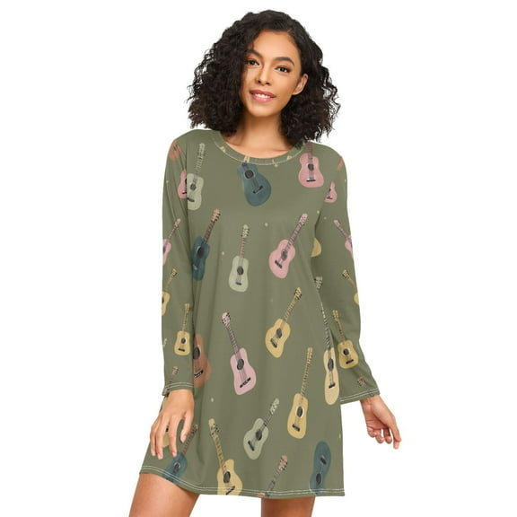 FORMRS Womens Long Sleeve Nightgowns Crew Neck Sleep Shirt Soft Pajamas Sizes S-3XL, Cartoon Guitar Pattern