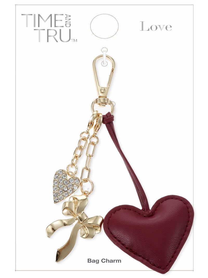 Time and Tru Goldtone and Faux Leather Heart Bag Charm, Red, 1