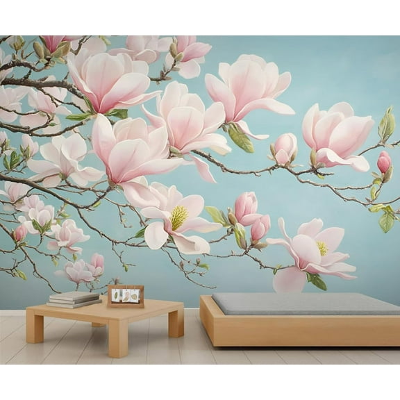 Pink Magnolia Wall Murals For Bedroom - Magnolia Murals, Light Blue Wall Mural For TV Background, Floral Large Mural 55"W x 28"H (Not Peel and Stick)
