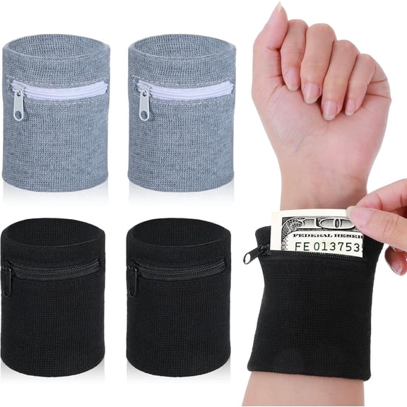 4PCS Wrist Wallet with Zipper, Wristband Wrist Sweatband with Zipper Breathable Wristbands Ankle Wallet Coin Keys Storage Pouch Pocket for Gym Running Hiking Jogging Sports