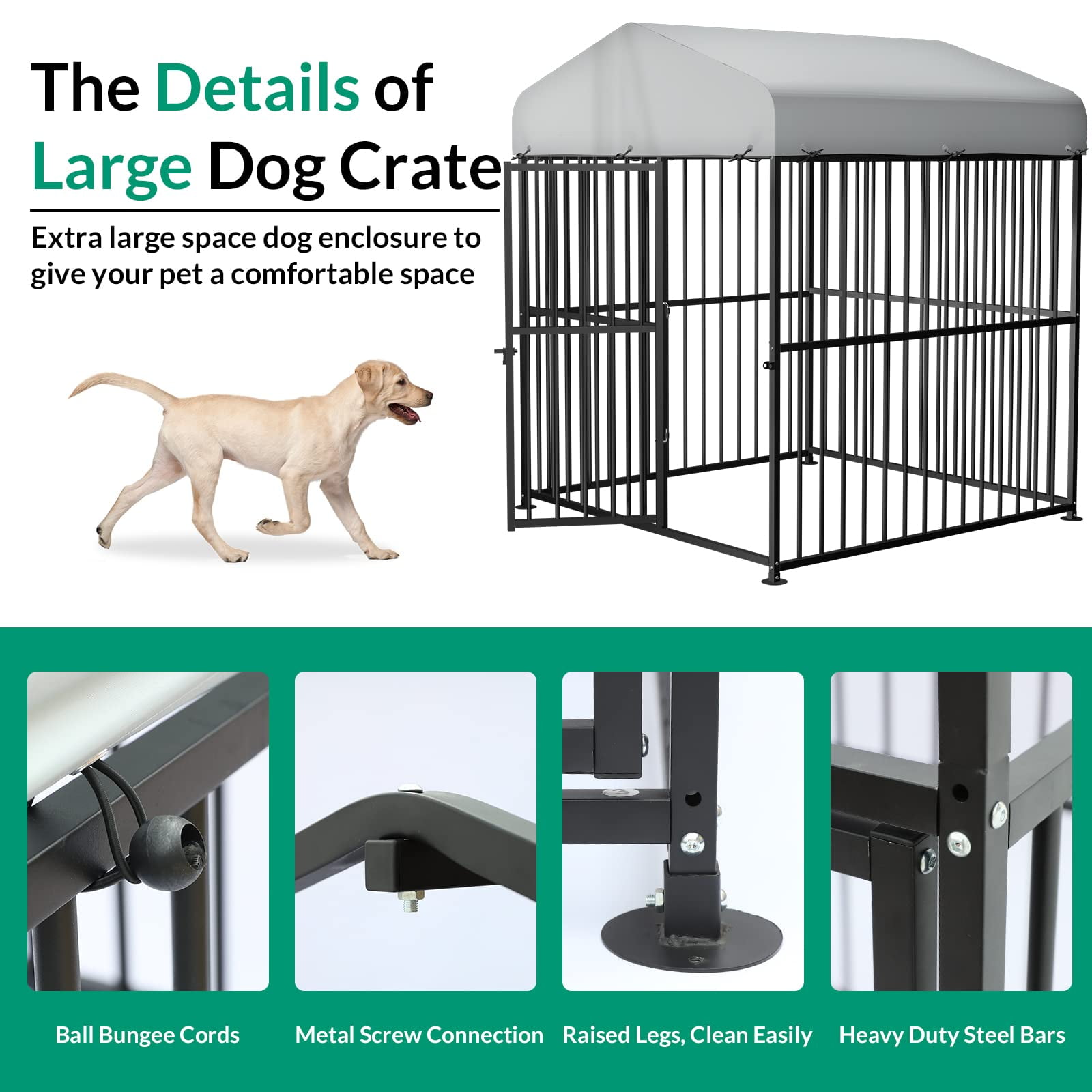 VIVIJASON 6 x 6 x 6 Ft Large Outdoor Dog Kennel, Heavy Duty Metal Frame Dog Cage with Thickened Bars, UV & Waterproof Cover, Outside Pen Playpen Dog Run House for Large to Small Dogs