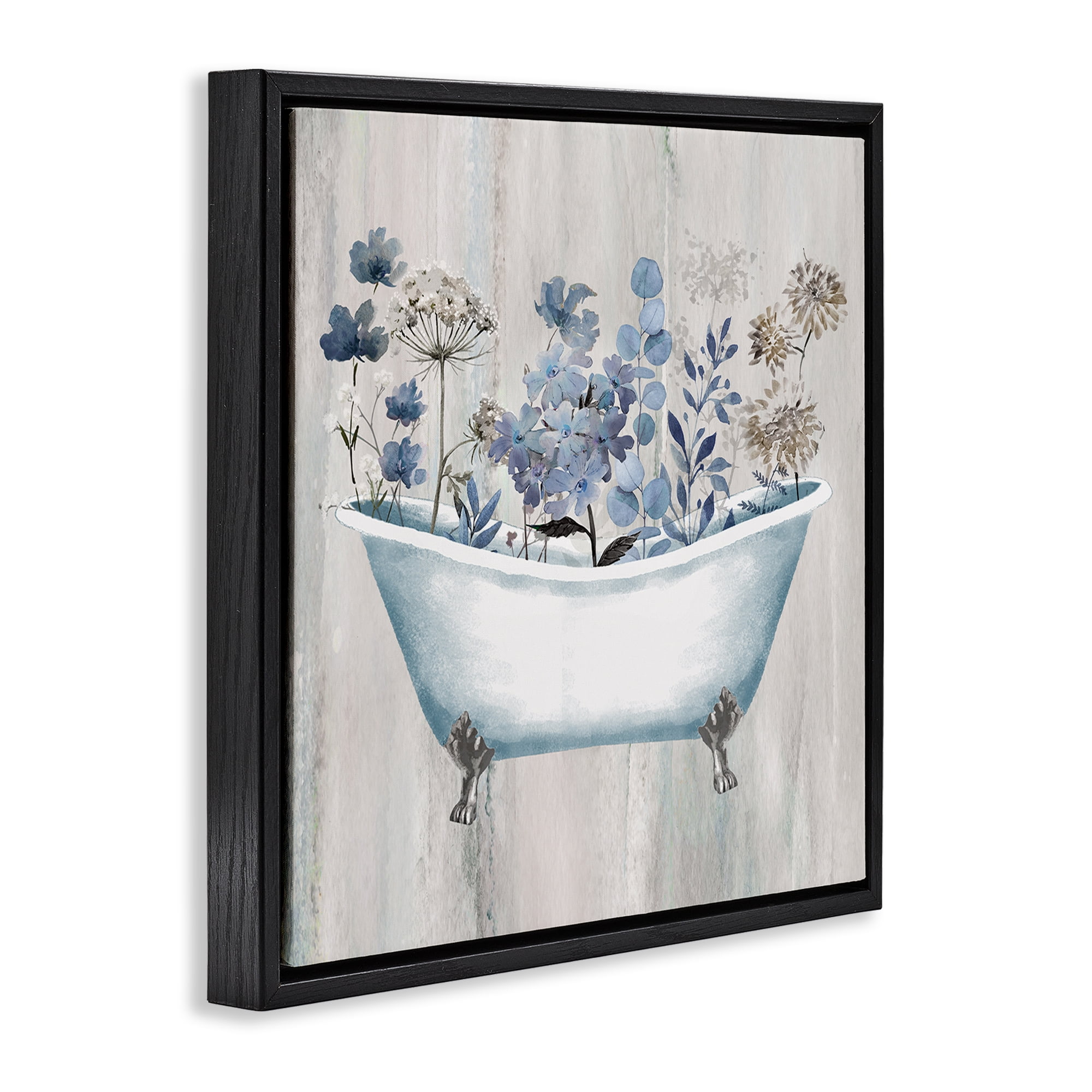 Stupell Industries Rustic Blue Floral Tub Bath & Laundry Painting Black Floater Framed Canvas Art Print Wall Art, 25 x 25