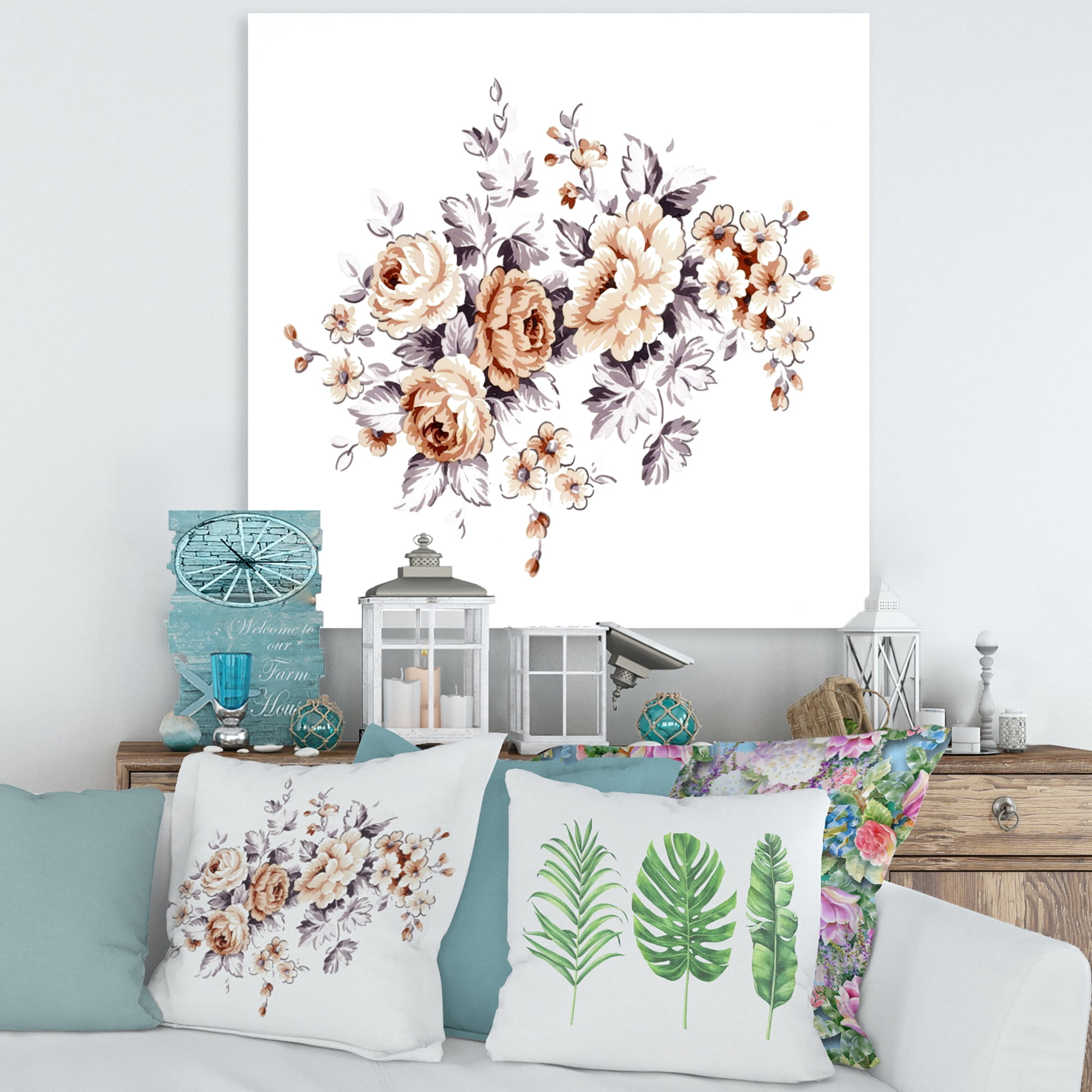 Designart ' Pink Wild Roses With Monochrome Leaves ' Traditional Canvas Wall Art Print