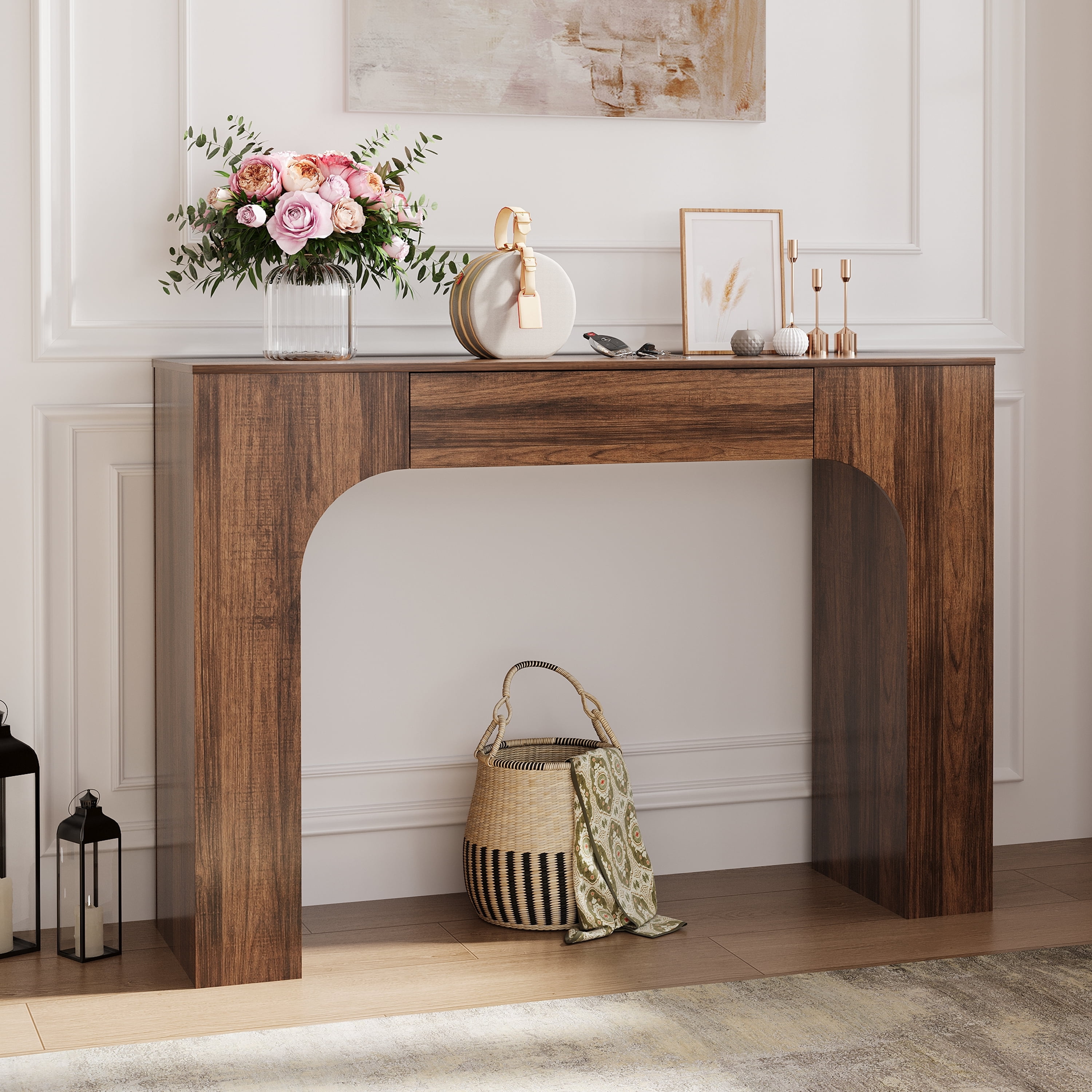 47" Long Console Table with Drawer, Narrow Entryway Table with Anti-Tipping Kit, Farmhouse Walnut Sofa Table for Hallway, Living Room, TV Stand, Vintage Brown