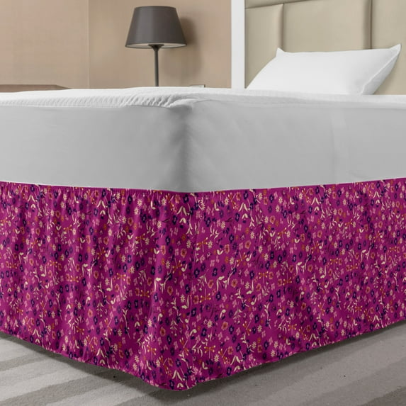 Spring Bed Skirt, Blossoms Doodle Dragonfly Summer Season Flourishing Meadow Beauty, Elastic Bedskirt Dust Ruffle Wrap Around for Bedding Decor, 4 Sizes, Dark Magenta Cream and Indigo, by Ambesonne