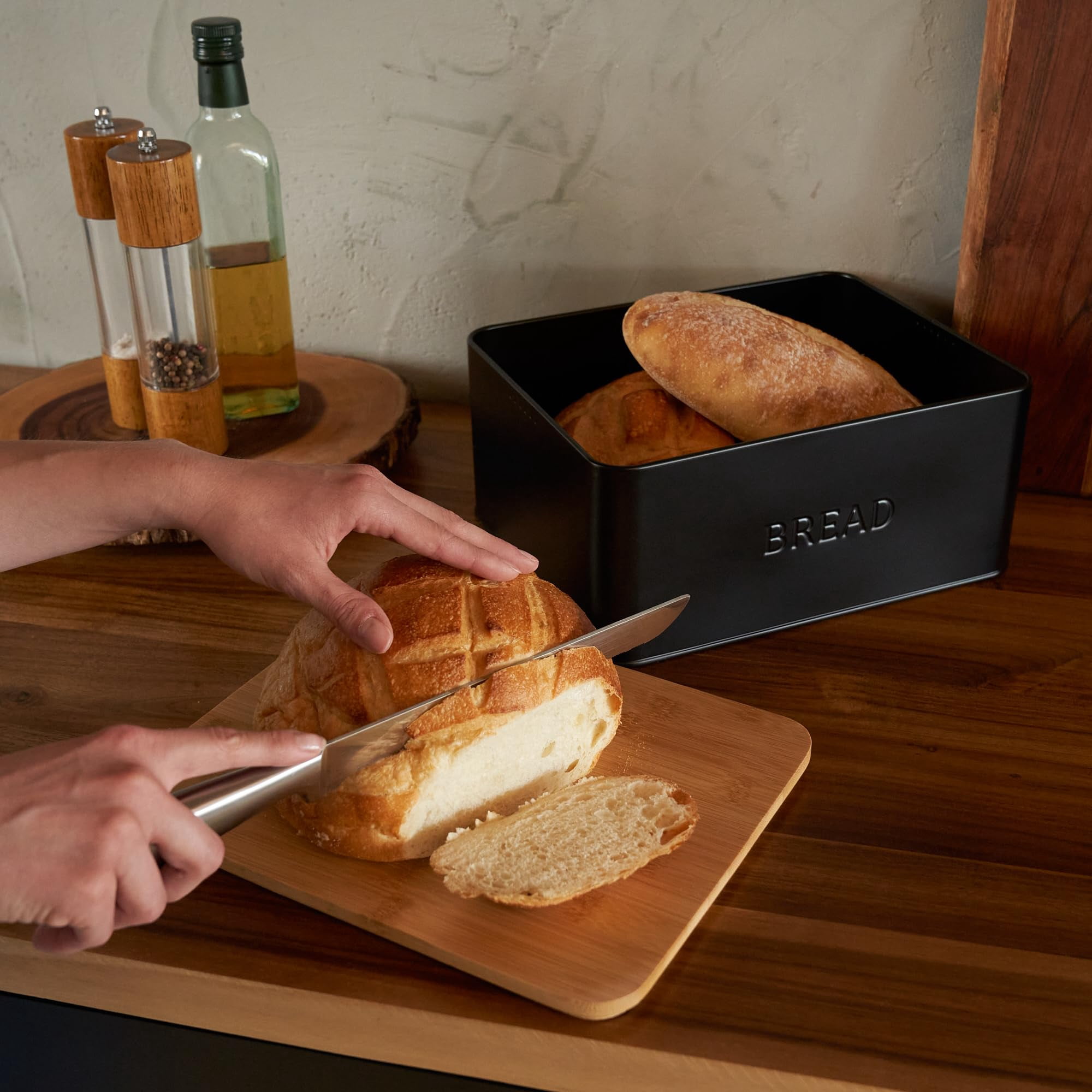 Stylish Bread Box with Wooden Lid for Kitchen Countertop, Spacious Storage Container for Homemade Bread Muffins Bagels, Premium Cutting Board Lid Keeps Bread Fresh