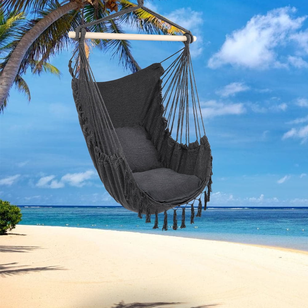 Kepooman Hammock Chair Hanging Rope Swing, Hanging Chair with 2 Cushions, Quality Cotton Weave for Superior Comfort, Gray