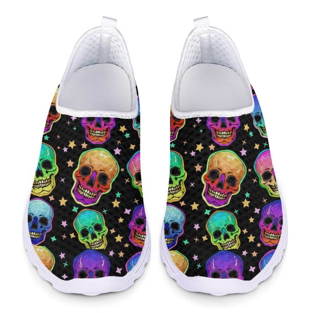 Zapatos casuales con estampado de calavera clásica y sexy para mujer, zapatos planos deportivos para exteriores, zapatos de malla transpirables y cómodos para verano y otoño