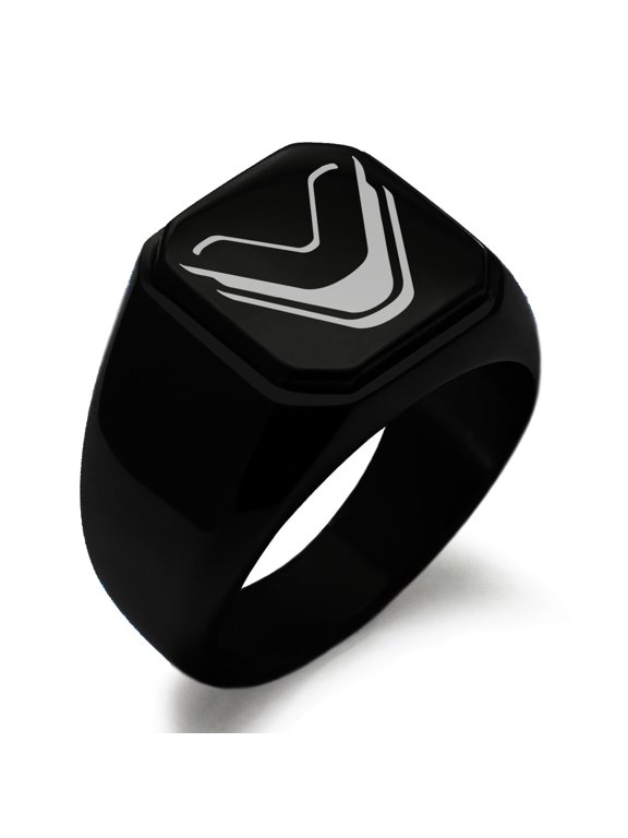 Stainless Steel Letter V Initial 3D Monogram Engraved Engraved Square Flat Top Biker Style Polished Signet Ring