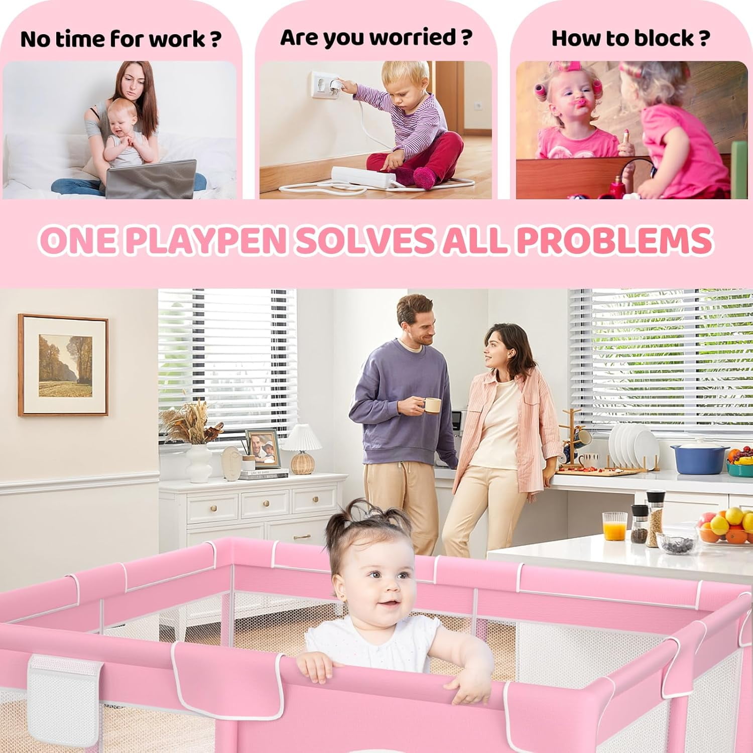 kmaier Baby Play Yards, 360° Visibility Baby Playpen, Sturdy Secure, Large Tourist Fence for Toddler-Pink