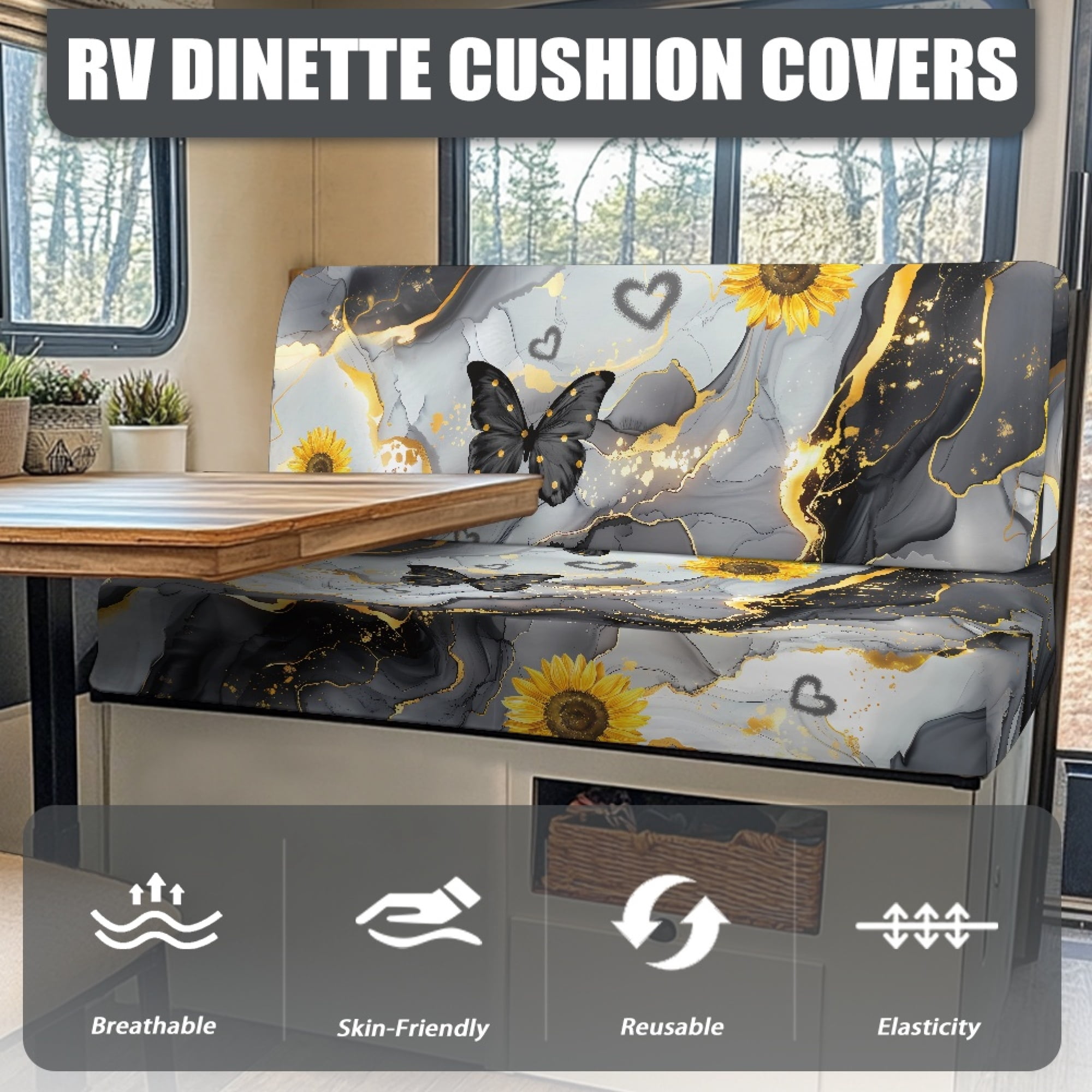 Yuyamidu Gray Marble Print RV Dinette Cushion Covers Butterfly RV Dinette Cushion Slipcover Sunflower RV Camper Couch Cushion Covers RV Dinette Cushions Replacement