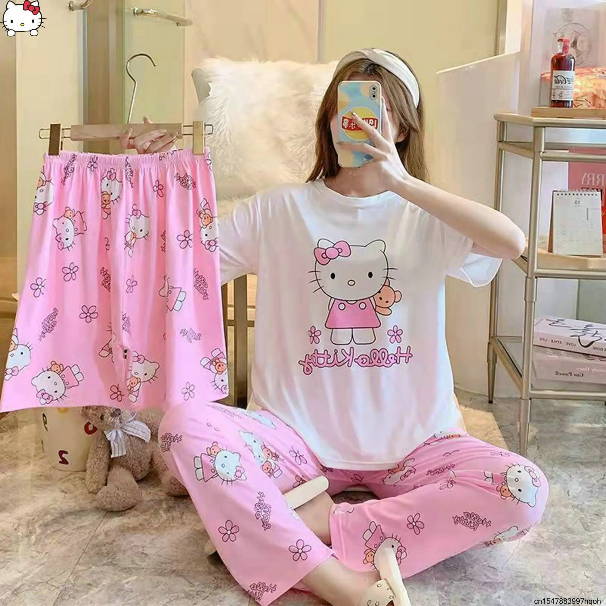 Summer New Style Cute Girl Pajamas Sweet Sanrio Hello Kitty Silk Short Sleeve Three Piece Clothing Pajamas Trousers Short Pants Walmart