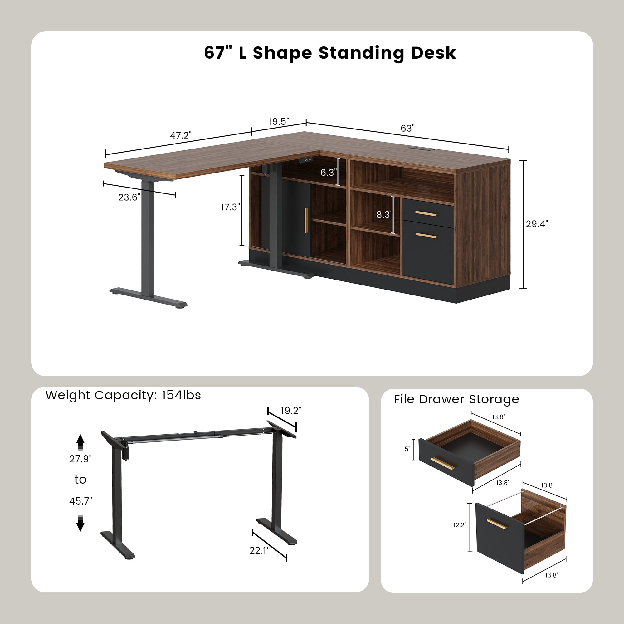 ModernMate 67" L Shaped Standing Desk with File Cabinets, AC/USB, Electric Adjustable Height Executive Desk, Office Computer Desk for Home and Office