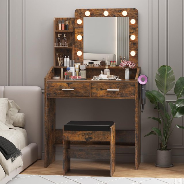 Dressing table with mirror and light, makeup table with power socket, 3 lighting modes with adjustable brightness, small dressing table set with 2 drawers, bedroom makeup table, white/black/pink/tabby