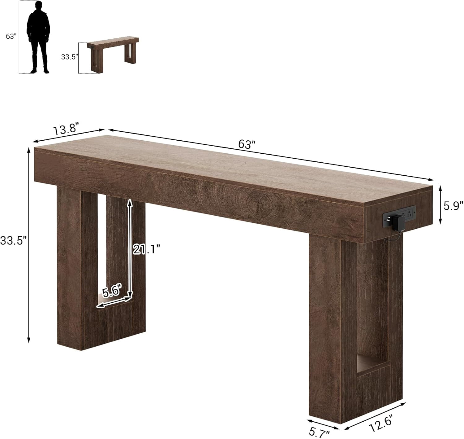 iSunirm 63" Farmhouse Console Table with Power Outlets and Sensor Light, Wooden Narrow Entryway Table with Storage for Entrance, Hallway, Living Room