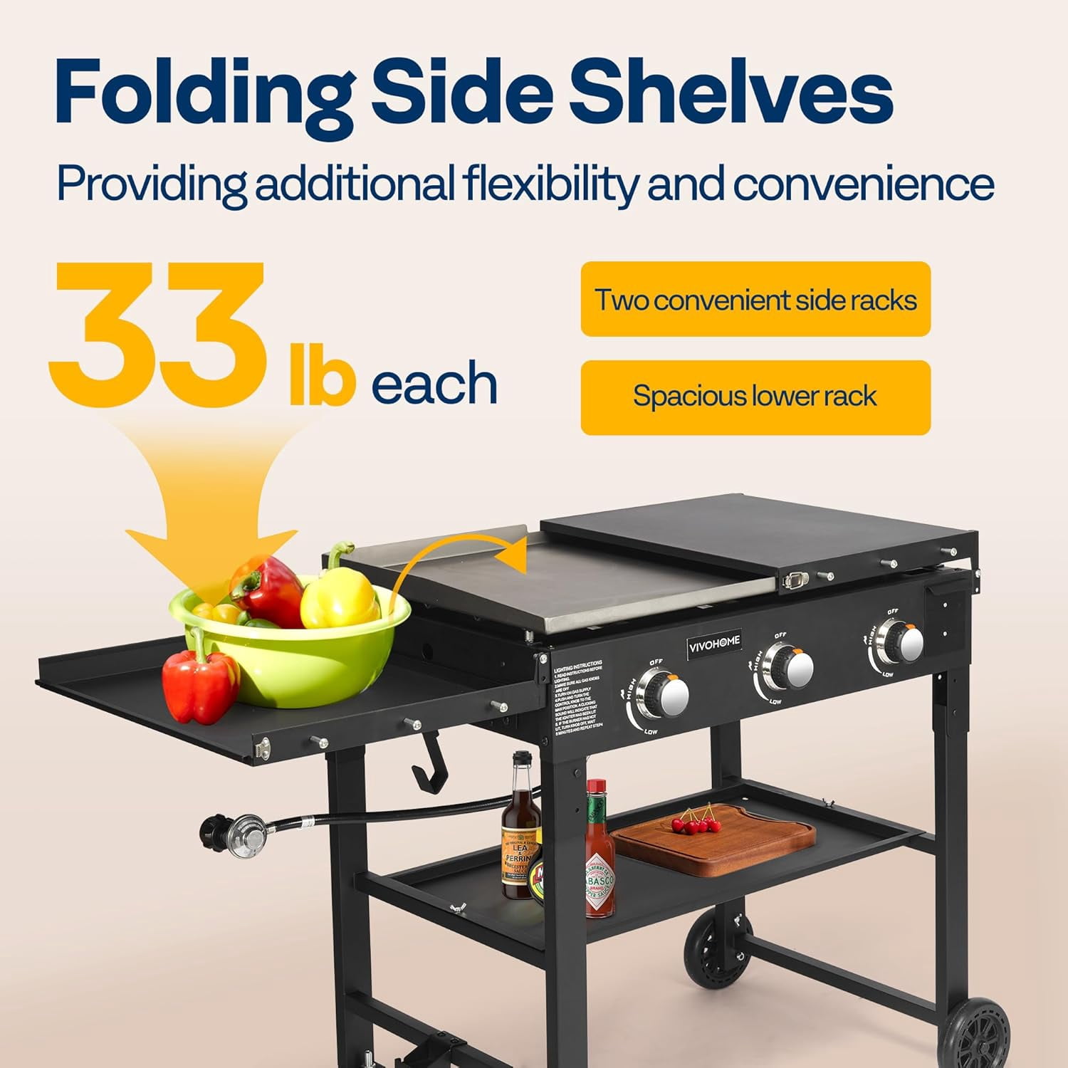 SPECSTAR 3-Burner 45,000 BTU Propane Gas Grill, Folding Flat Top Grill with Side Shelves, Picnics & Family BBQ, Heavy-Duty Rust-Resistant Griddle