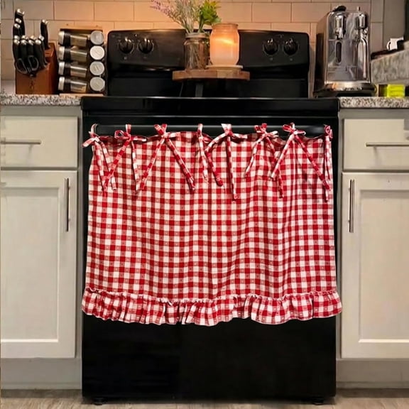 Harliver Handmade Oven Skirts Curtain Tie Top, Heat-Resistant, Effortless Install, Hide Clutter, for Oven, Dishwashers, Washing Machine, Farmhouse Kitchen Décor (Style 05)