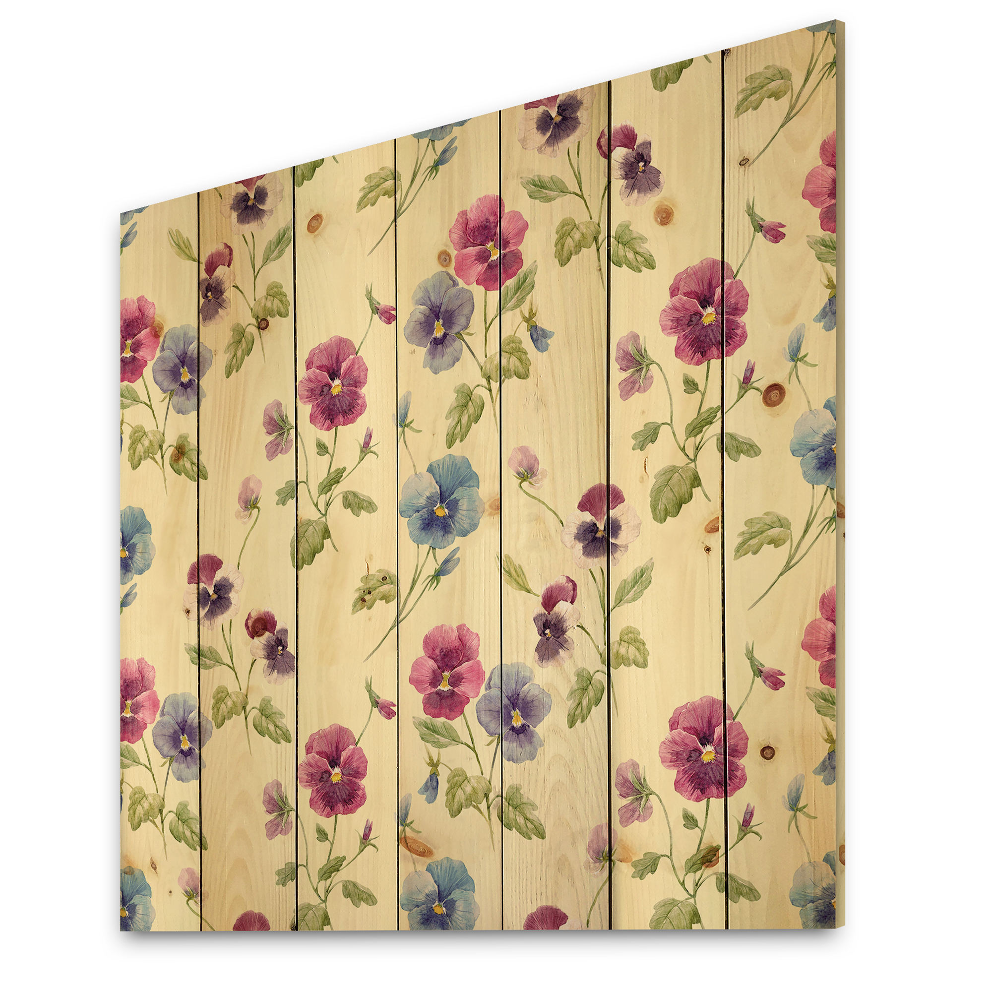 Designart 'Blue and Pink Pansy Flowers I' Traditional Print on Natural Pine Wood