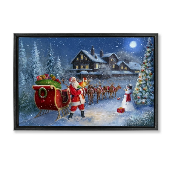 Stupell Industries Santa's Sleigh & Lantern Holiday Painting Black Floater Framed Canvas Art Prints Wall Art, 25 x 17