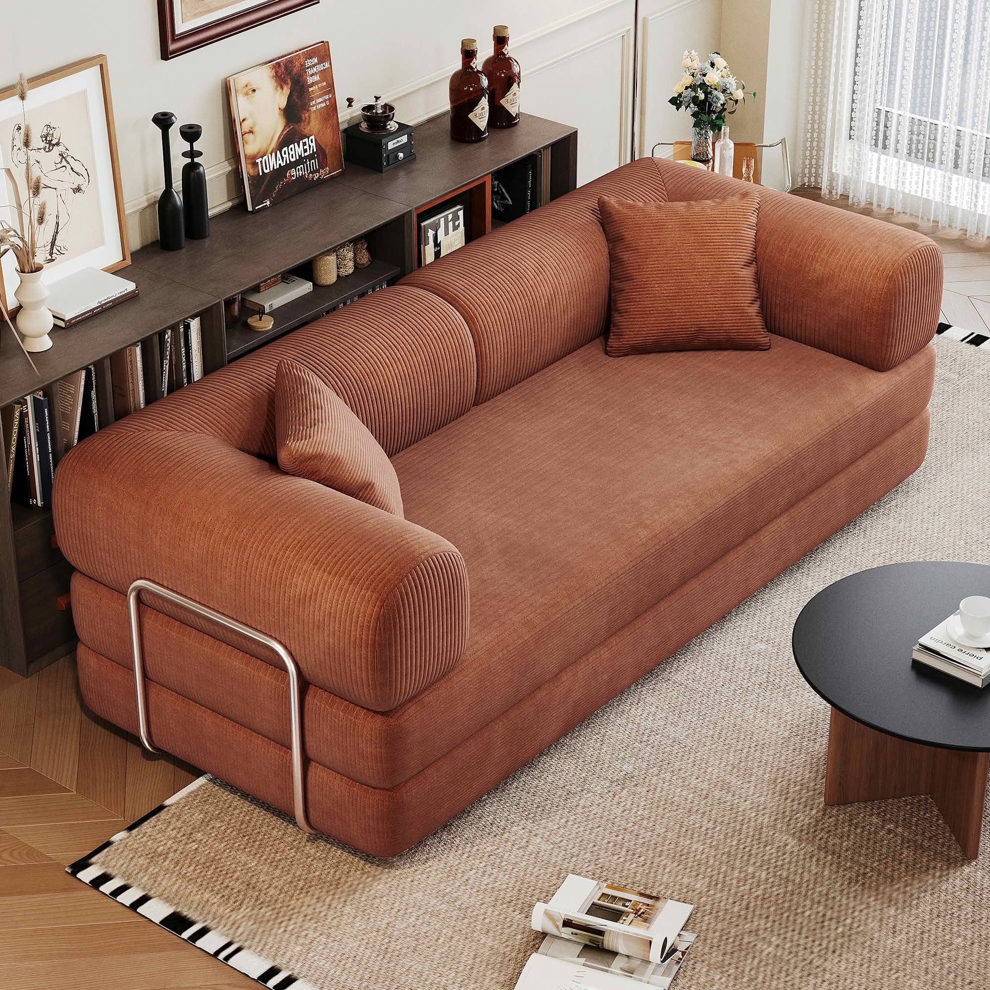 MAYEERTY 78.8" Compression Convertible Floor Sofa Bed, Boneless Modular Corduroy Futon Sleeper Couch with Pillows, Back Support Armrests, No Assembly Loveseat for Living Room Bedroom Apartment