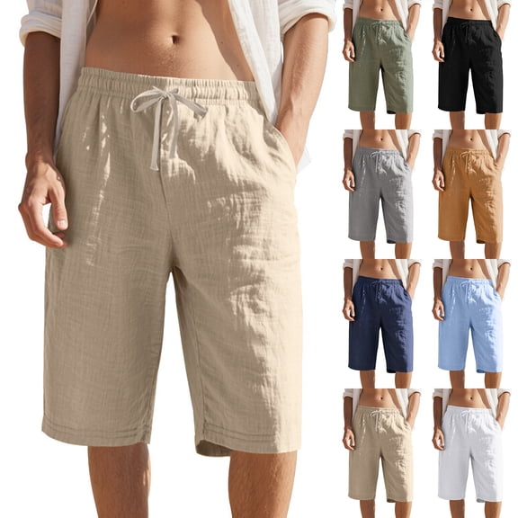 Inglocry Mens Bermuda Linen Shorts Knee Length Elastic Waist Drawstring Casual Wide Leg Summer Shorts with Pockets 2026 Earthy Yellow M