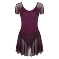 thumbnail image 3 of Fldy Womens Mesh Splice Ballet Dance Loetard Short Sleeve Figure Ice Skating Skirted Loetard Bodysuit Dark Purple XXL, 3 of 7