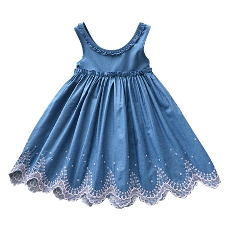 

Girls Dress Denim Embroidery Princess Sleeveless Ruffle Trim Spaghetti Strap Lace Toddler Cute Cartoon Soft Spring Summer Casual Fashion Dresses Kids Clothes