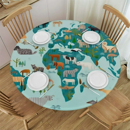 

YANMS World Map Round Tablecloth Waterproof Resistant Fabric 100% Polyester Fiber 42-46