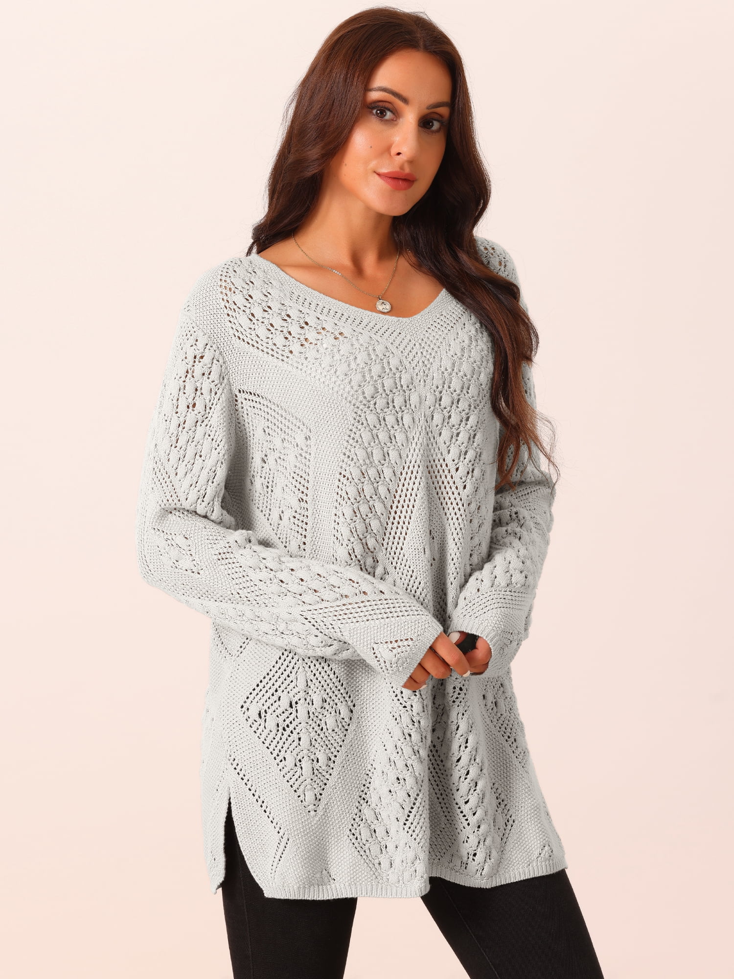 DARING DIVA Hollow Cable Knit Loose Casual Pullover Sweaters S Gray