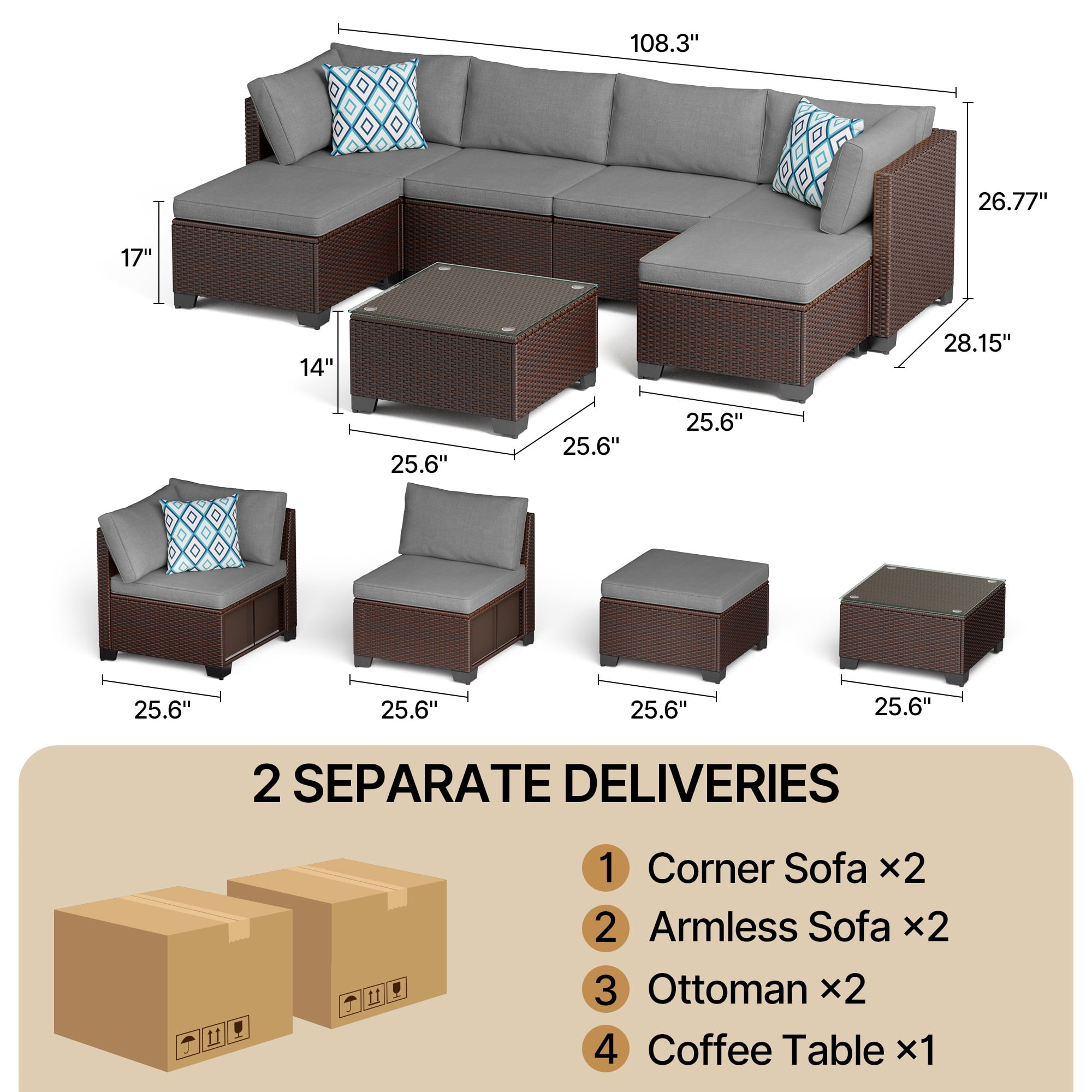 7 Piece Patio Conversation Set, Lofka Outdoor Furniture Set with Coffee Table,Ratten ChairsOttomans for Garden Backyard Poolside, Gray