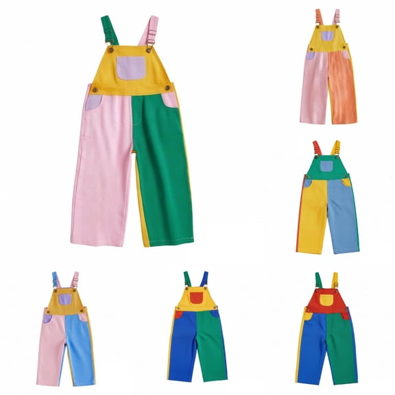 Venzia Kids Color Block Overalls, Toddler Adjustable Strap Patchwork Wide Leg Bib Pants Casual Jumpsuit