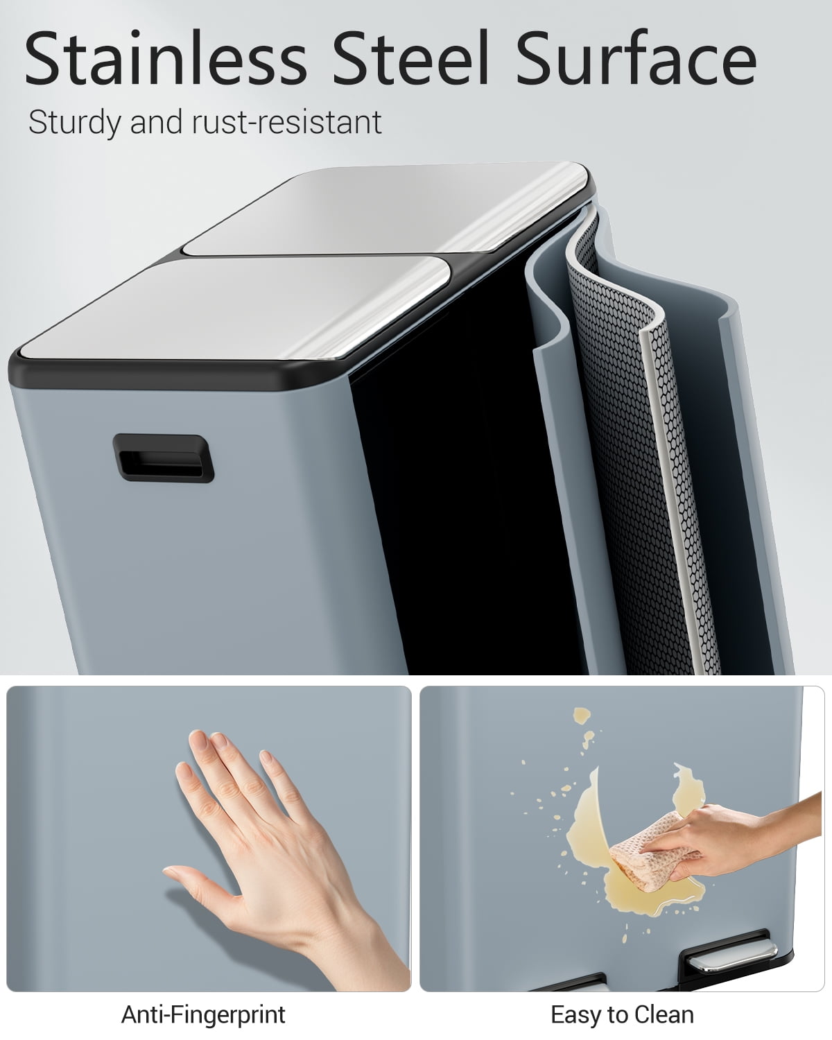TLSUNNY 60L Dual Kitchen Trash Can, with 2 Odor Control Box, 16 Gal Double Lid Kitchen Bin with 2 Inner Buckets