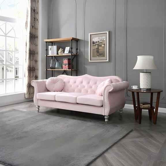 Bedroom Modern Pink Velvet Sofa 220cm with Tufted Back and Hardwood Frame