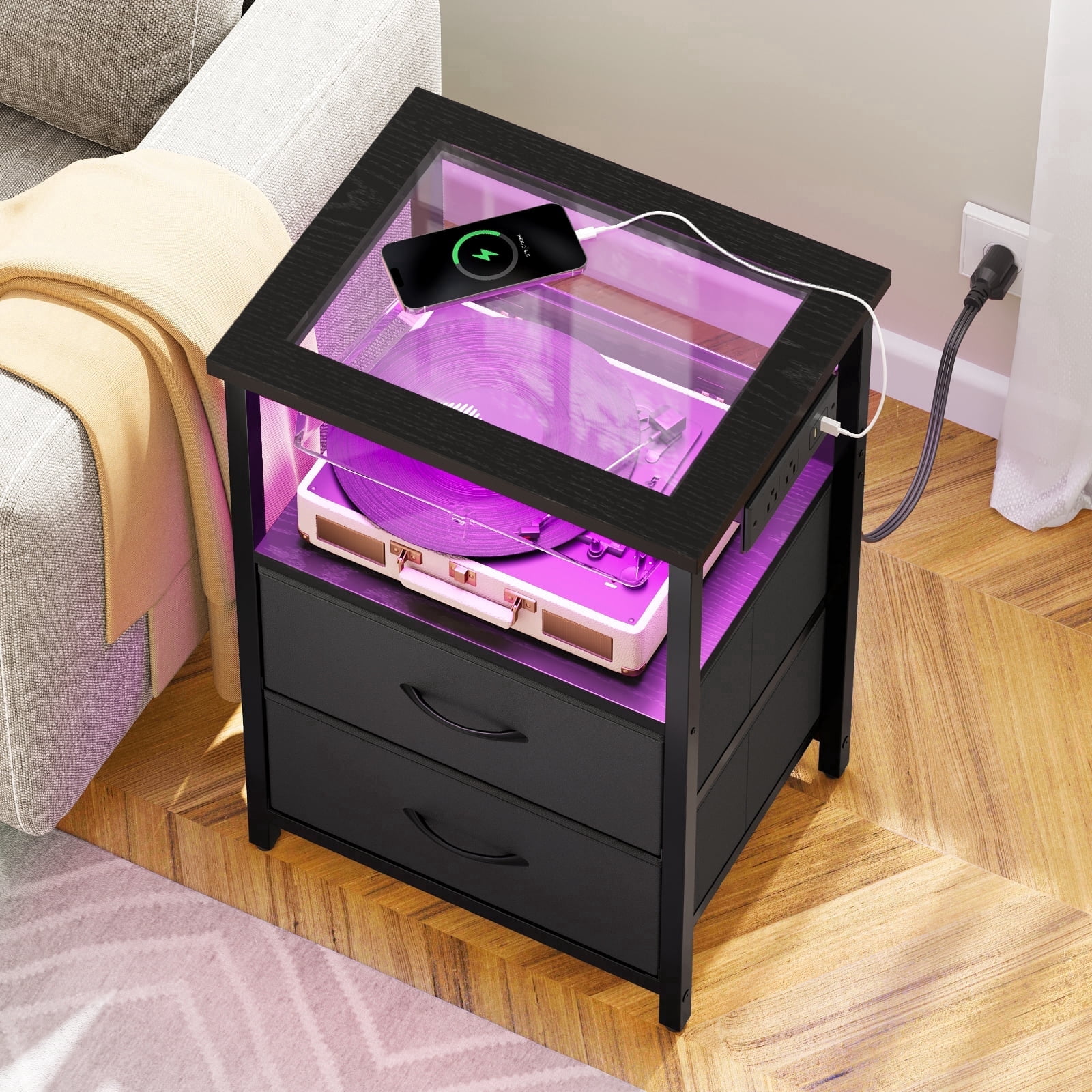 TOMNK Nightstand with LED Lights & Charging Station, Side Table with Tempered Glass Top, USB Ports & Outlets, Fabric Drawers for Bedroom/Living Room, Black