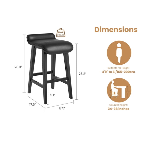 Modern Black PU Leather Bar Stools Set of 4 – 26.2" Counter Height, Wide Ergonomic Seat, Sturdy Wood Legs, Non-Slip Feet – For Kitchen Island, Dining Room, Patio – Color: Black, Specs: 4pcs