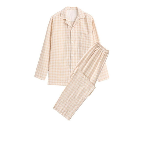 MTBLYS Mens Pajama Set Summer Checkered Print Lightweight Sleepwear with Pants Casual Loose Fit V-Neck Long Sleeve Pajamas Sleepwear Men