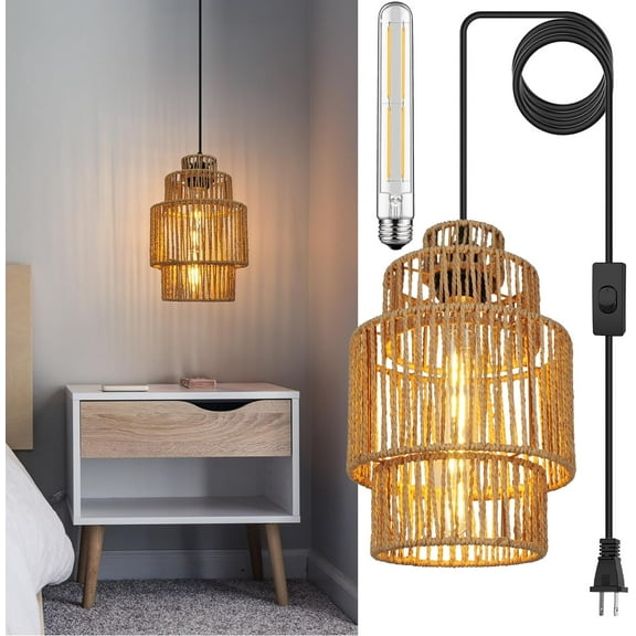 Plug in Pendant Light with LED Bulb, Hanging Light Fixture with Rattan-Style Shade, 13FT Adjustable Cord and On/Off Switch for Bedroom, Living Room, Kitchen, Easy Installation