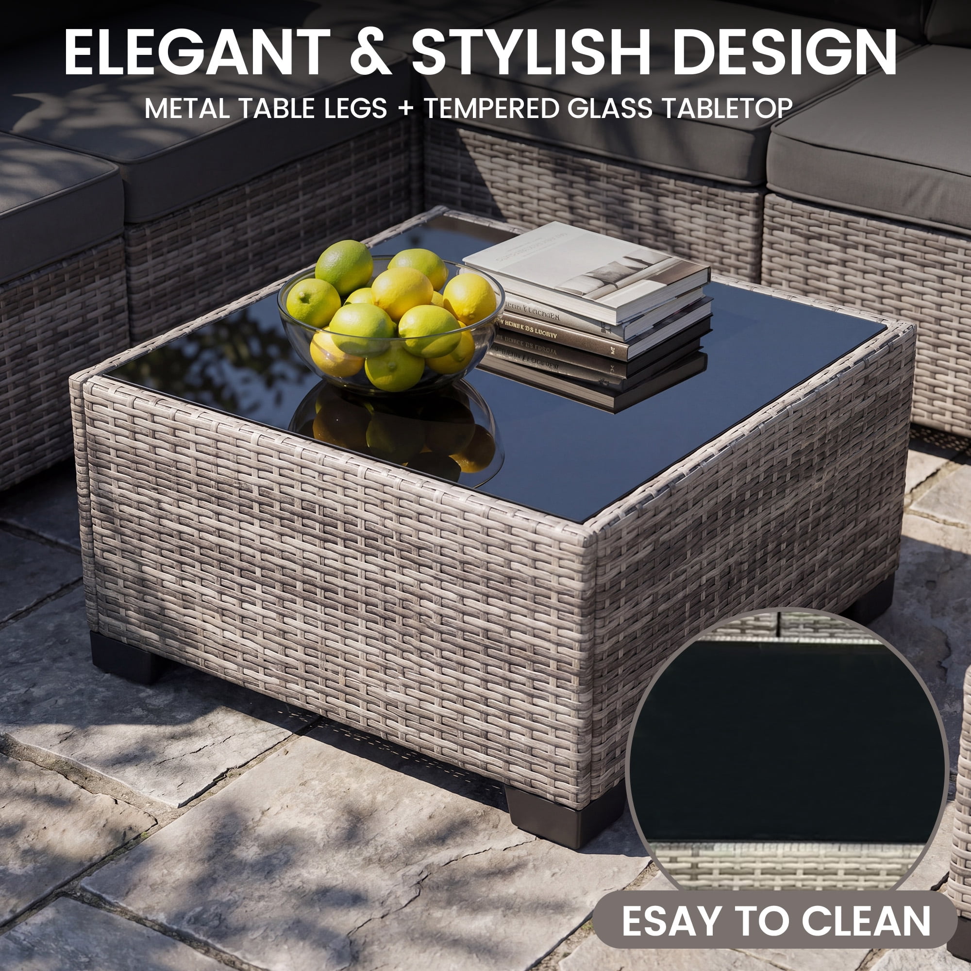 MOLIBYME 7 Pcs Outdoor Patio Furniture Set, Modular Outdoor Sectional Wicker Conversation Set, Rattan Sofa Set with Glass Table and Washable Cushion Covers, Light Gray
