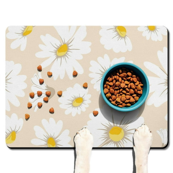 Boho Daisy Pet Feeding Mat, Absorbent Waterproof Dog Food Mat Non-Slip Quick Dry Cute Floral Design for Spring Summer Use