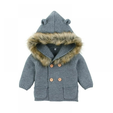 

Infant Baby Boys Girls Knit Cardigan Sweaters Toddler Fur Collar Hooded Warm Top Winter Clothes 0-2 Years Old