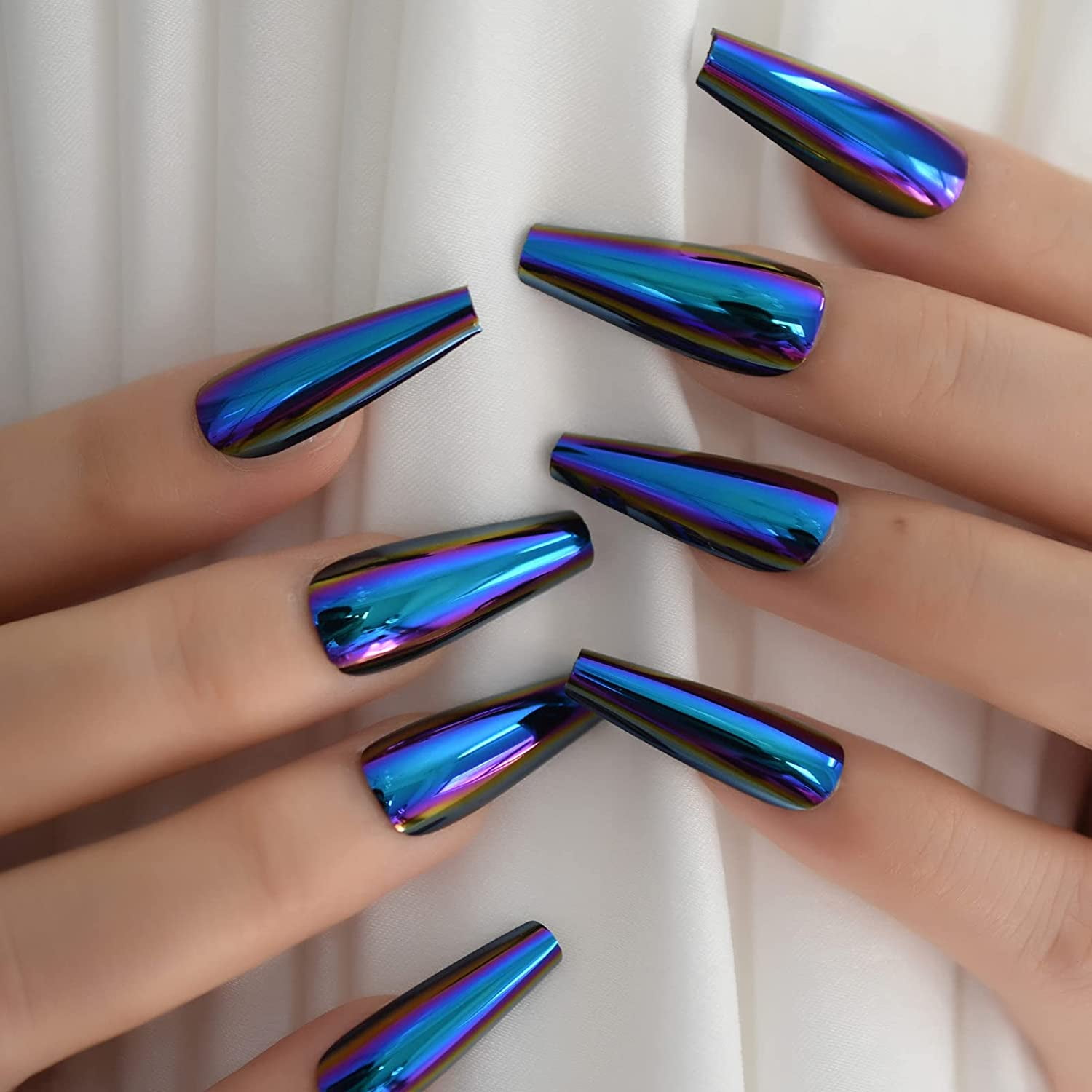 Blue Chrome Press On Nails Metallic Mirror Coffin Aurora Fake Nails Extra  Long Ladies Nail Art Designs For Fingertips 