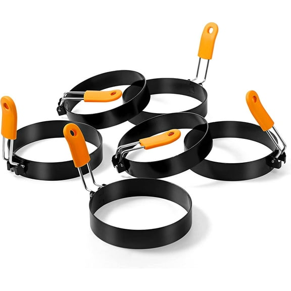 Lsupdaol 6 Pcs Professional Egg Ring Pancake Ring Set Stainless Steel Fried Egg Molds Griddle Pancake Shapers with Orange Silicone Handle for Breakfast Omelette Sandwich(4 Inch)