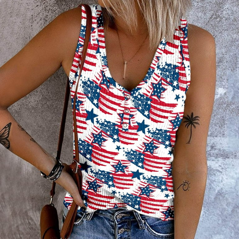EHQJNJ Camisole Tops for Women Built in Bra V Neck Women Independence Day  Print Sleeveless Top Casual Knit Shirt Vest Round Neck Splice Tanks Camis  Bustier Tops for Women Push Up 