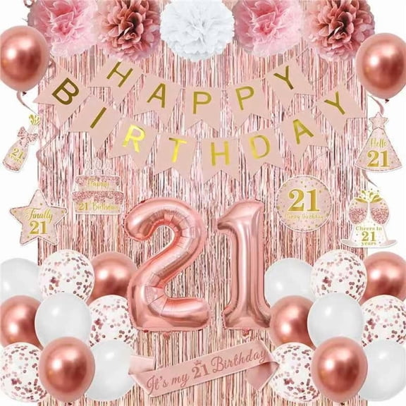 21st Birthday Decorations for Her,Rose Gold Happy 21st Birthday Banner Balloon Hanging Swirls Tassel Curtain Pompom Party Supplies Decor