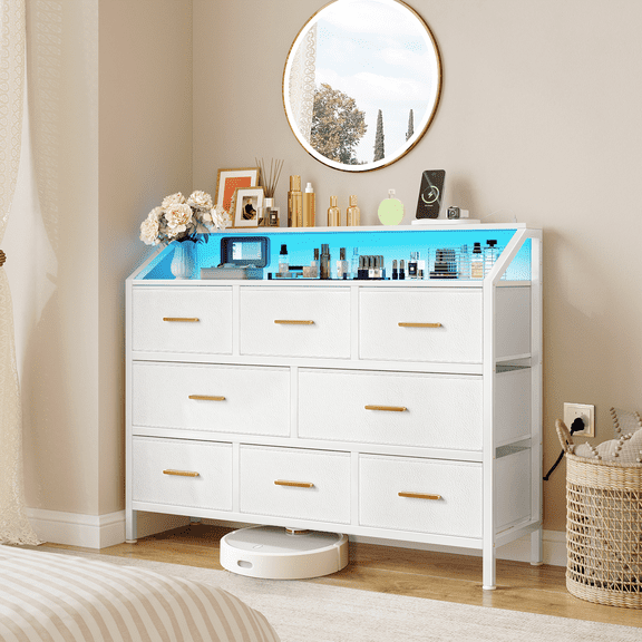 White Dresser with LED Light & Charging Station,Storage of Chest Organizer 8 Drawer for Bedroom, Living Room, Hallway