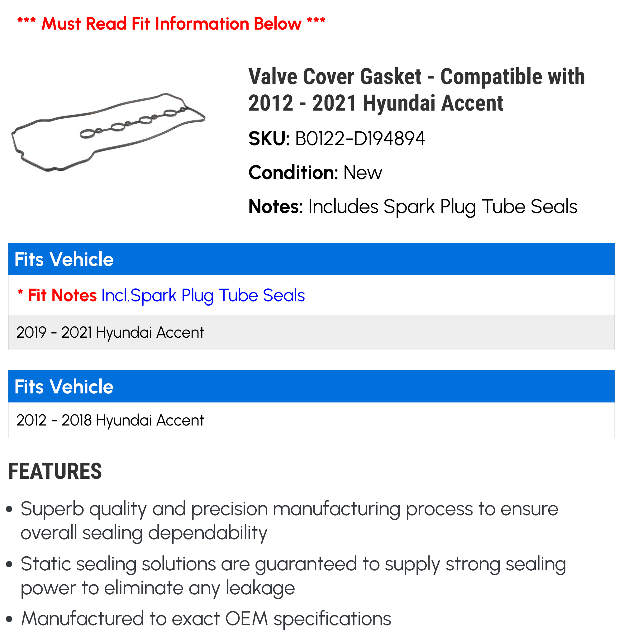 Valve Cover Gasket - Compatible with 2012 - 2021 Hyundai Accent 2013 2014 2015 2016 2017 2018 2019 2020