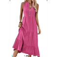 thumbnail image 3 of Robe Chemise Sans Manches d'Été 2025 pour Femmes Col en V Décontractée Midi Rose Rouge TG, 3 of 10