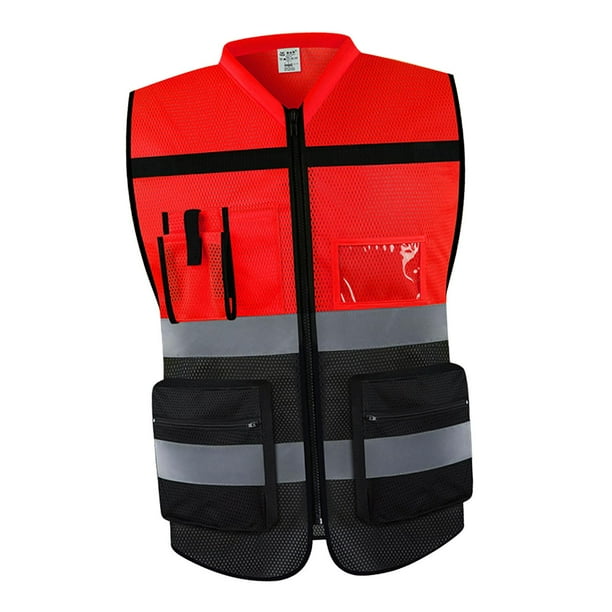 Chaleco reflectante shamjiam ropa de trabajo transpirable con bolsillos con cremallera para topógrafo que camina perros Rojo Negro 2XL